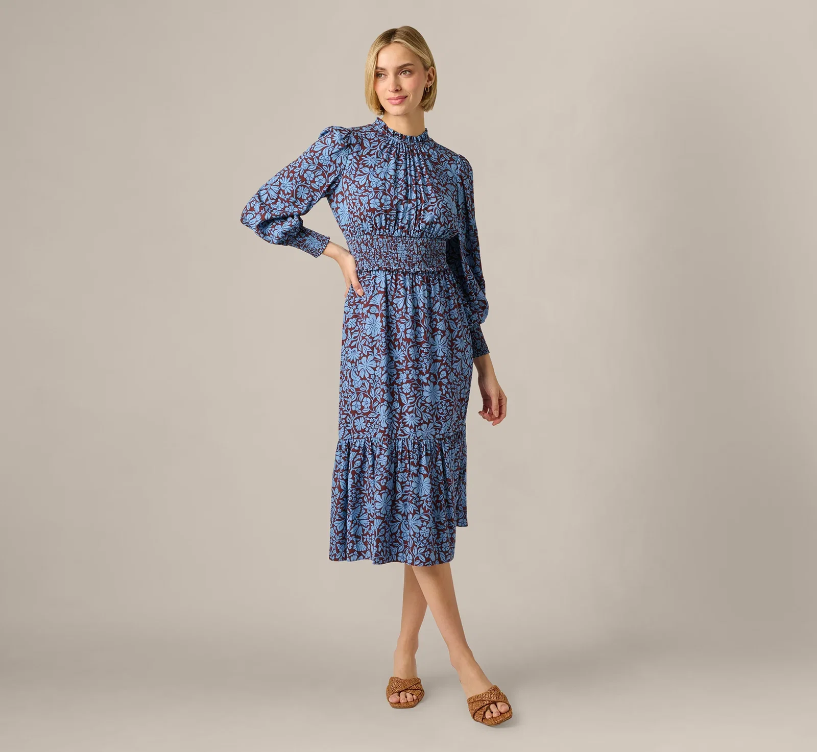 Image of Long Sleeve Floral Print Mia Midi Dress In Brown Blue