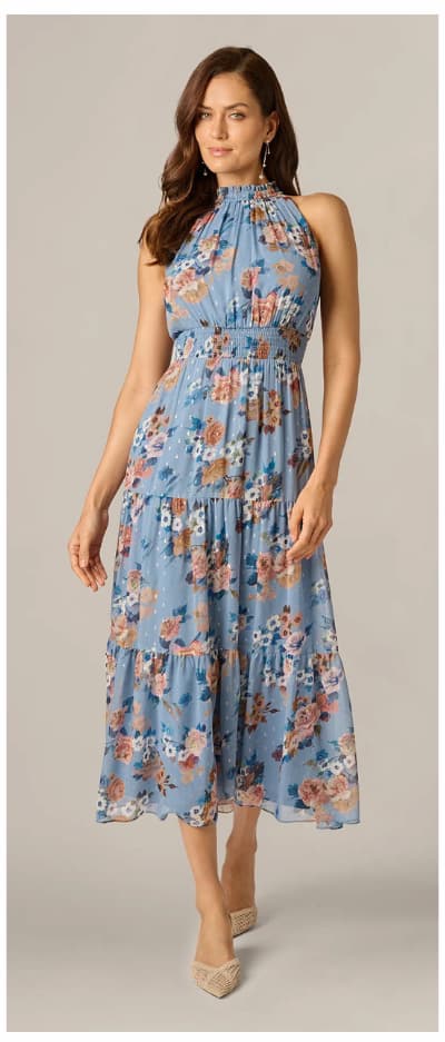 Floral Meta Chiffon Tiered Halter Midi Dress In Blue Multi
