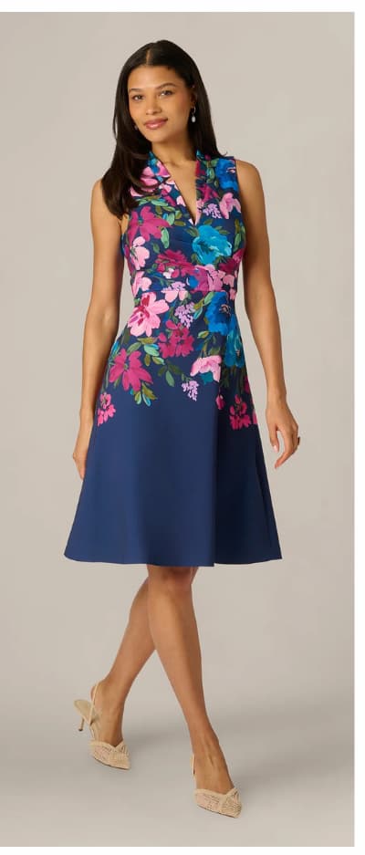 Collared Floral Border Twill Midi Dress In Navy Multi