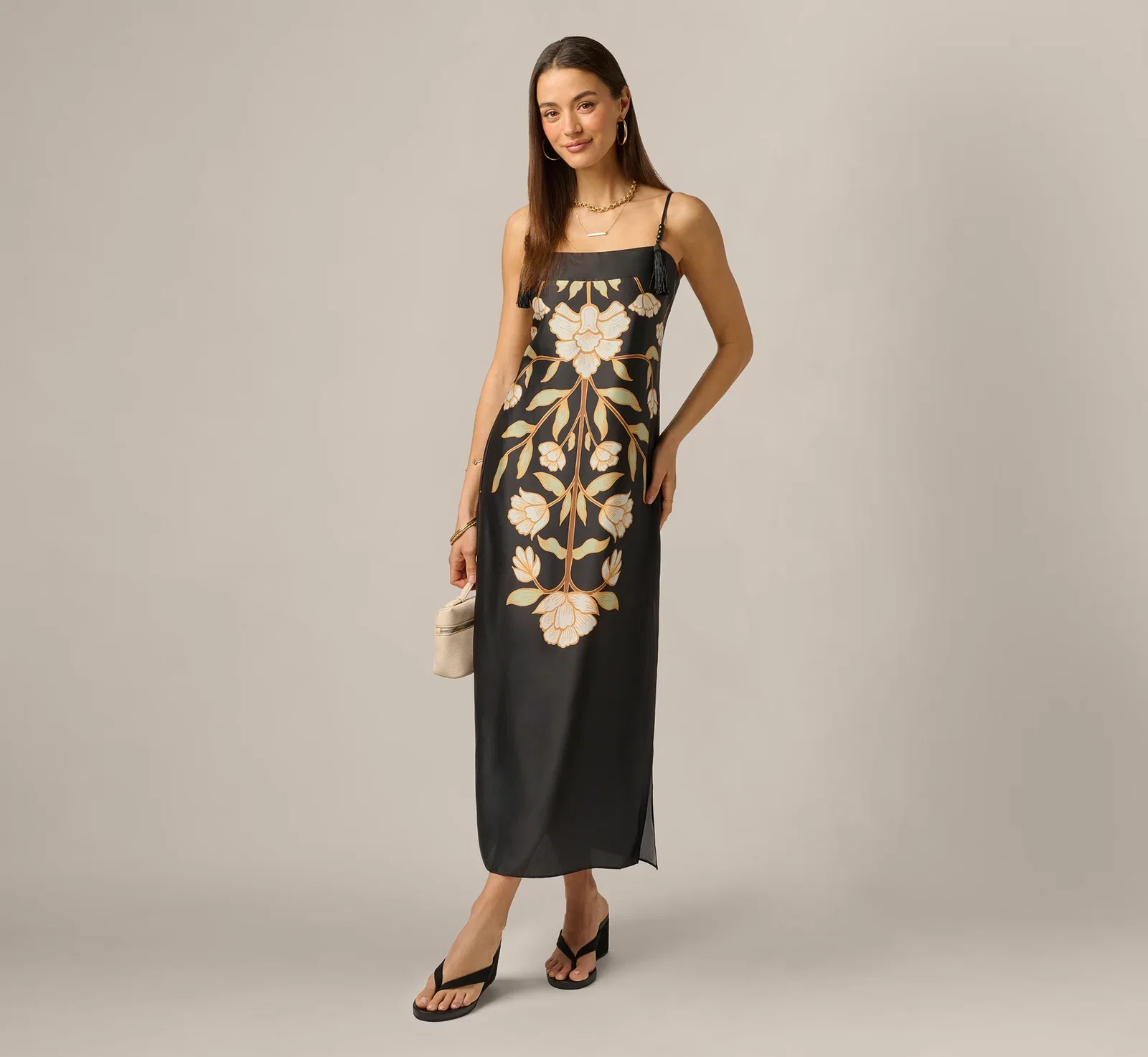 Image of Floral Printed Satin Midi Slip Dress In Black Multi