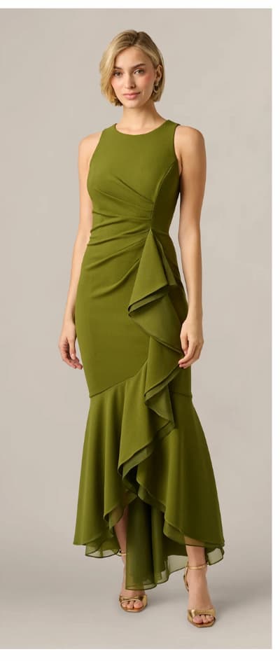 High Low Crepe Halter Gown With Organza Draping In Jungle Olive