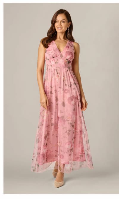 Floral Print Mesh Smocked Maxi Dress In Blush Multi
