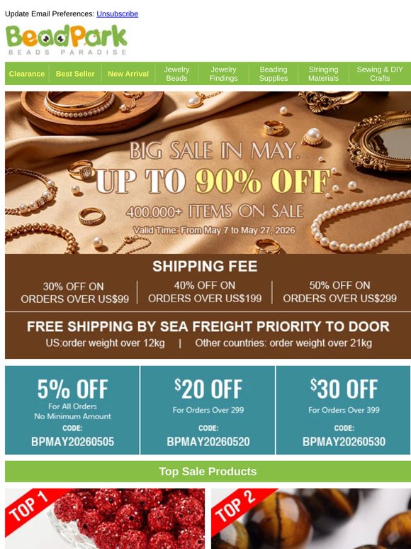 Huge Sale in May. Free Shipping. Up to 90% OFF on Wholesale Beads Supplies. Free Coupons!