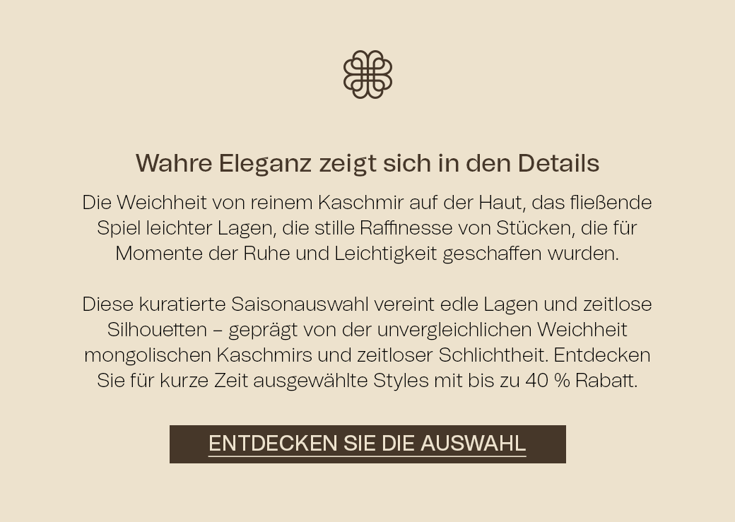 Werbebanner mit dem Text „Wahre Eleganz zeigt sich im Detail“ und „Shop the Selection.“