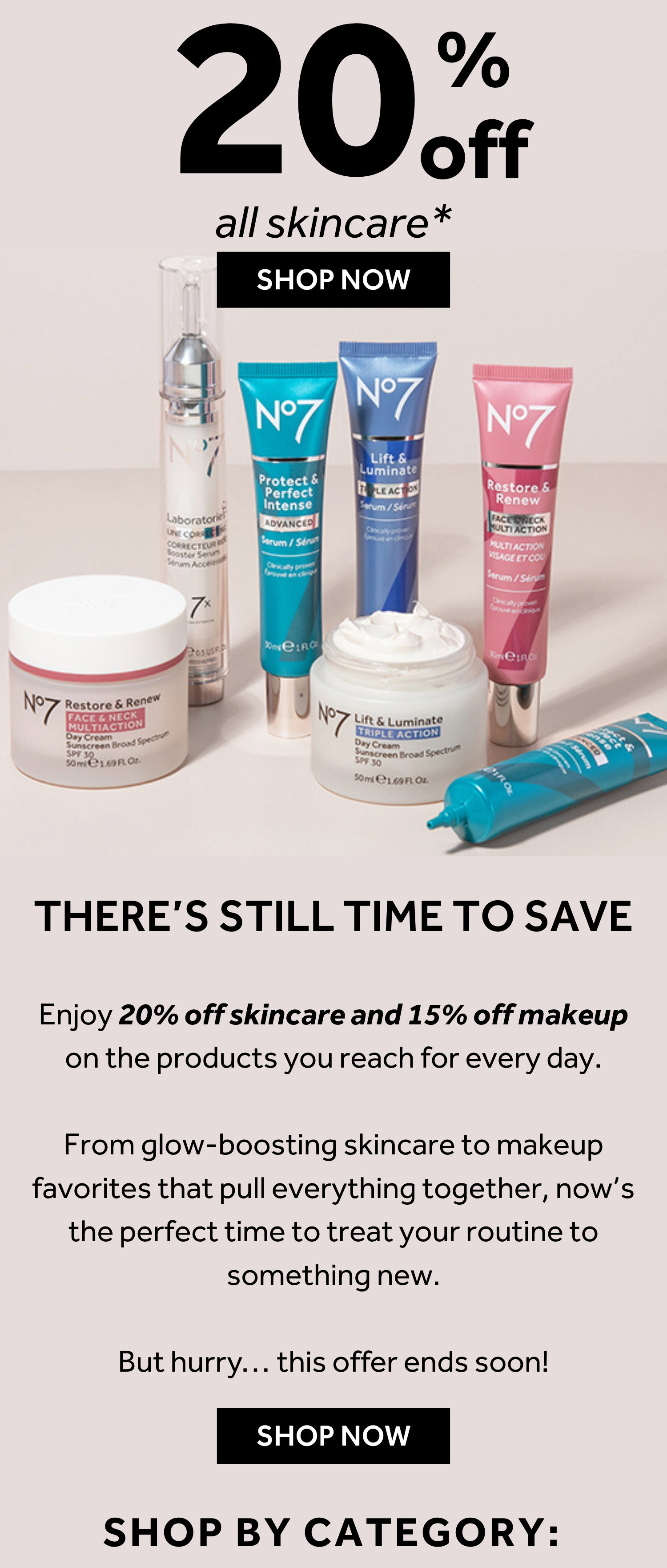 20% off skincare, 15% off cosmetics