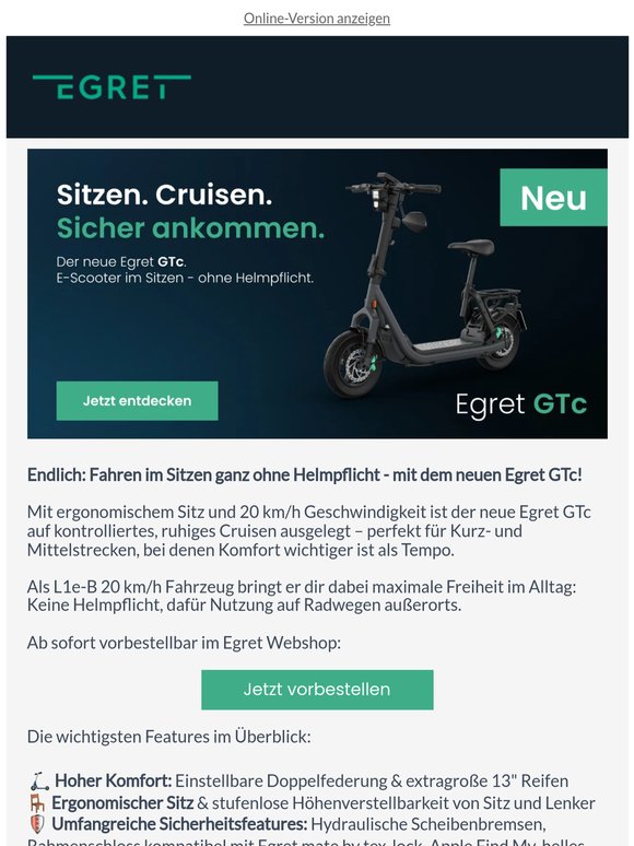 Neu: Egret GTc - Sitzen. Cruisen. Sicher ankommen.