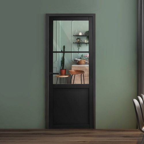 Jet Internal Black Fully Finished 1 Panel 2 Light Clear Glass Industrial Studio Door