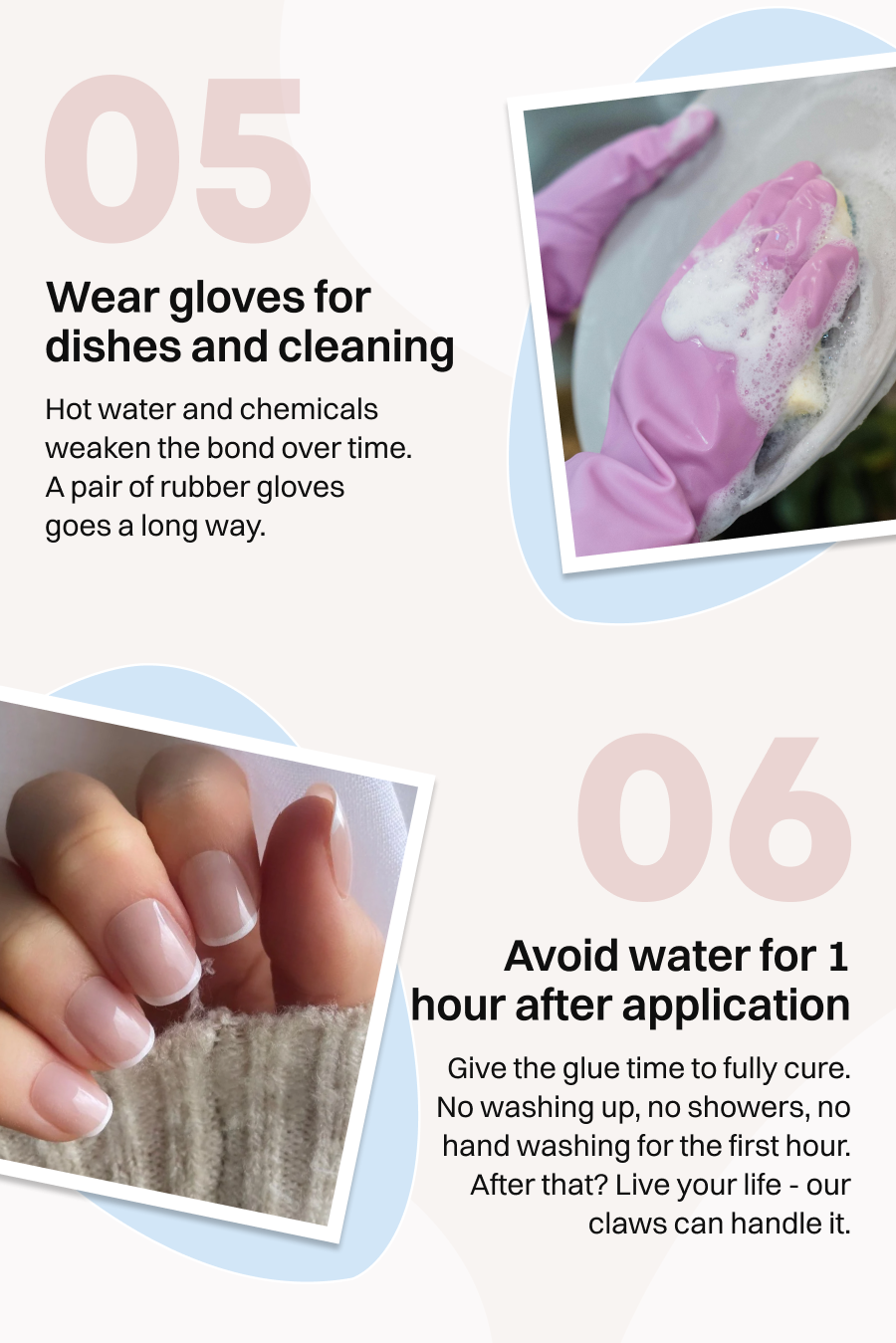Pink gloves washing dishes and hands in sweater, steps 05 and 06 for nail care