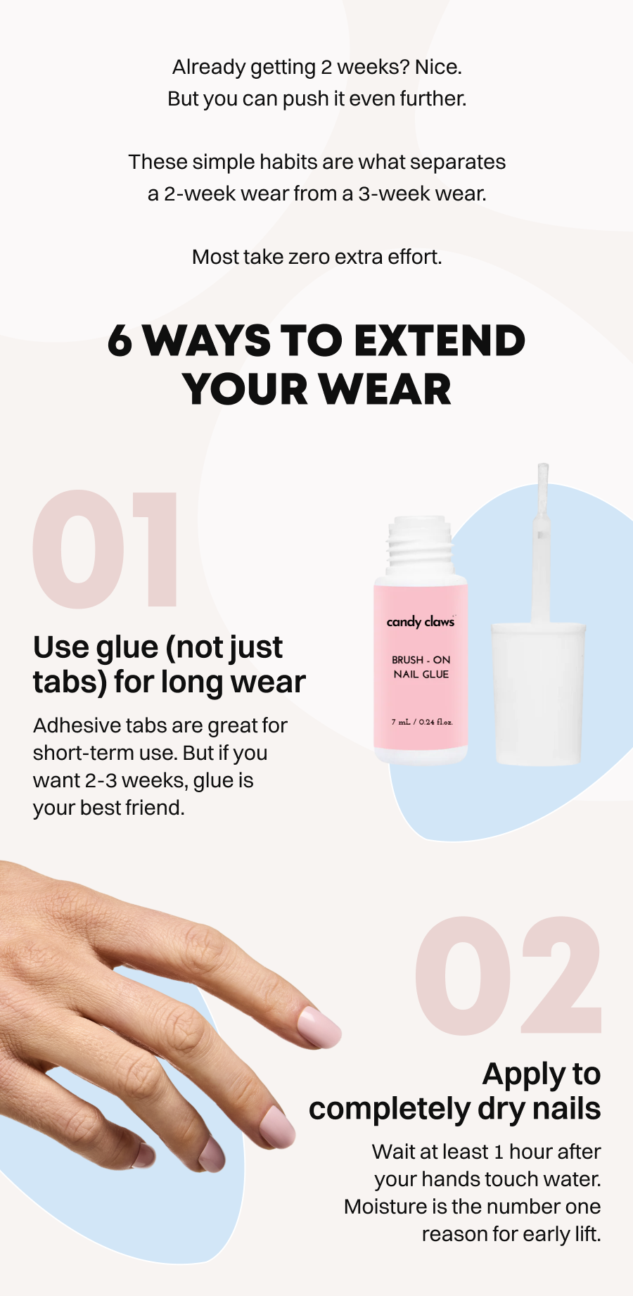 Pink nail glue bottle and hand demonstrating application steps numbered 01 and 02