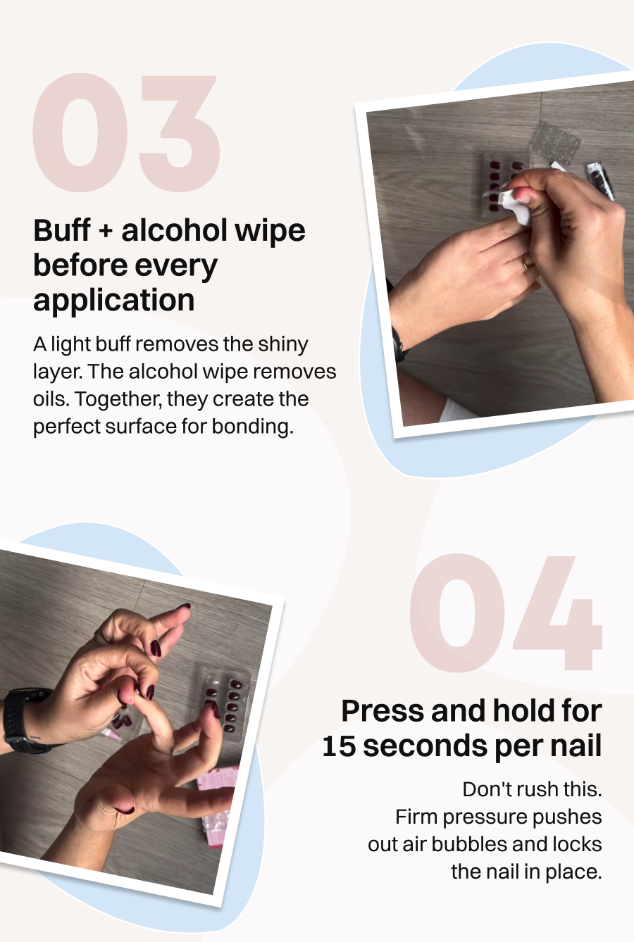 Hands buffing nails and applying pressure, steps 03 and 04 for nail preparation