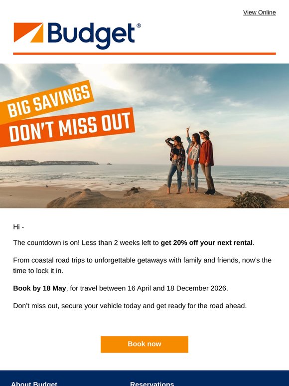 Final days to save 20% on car hire