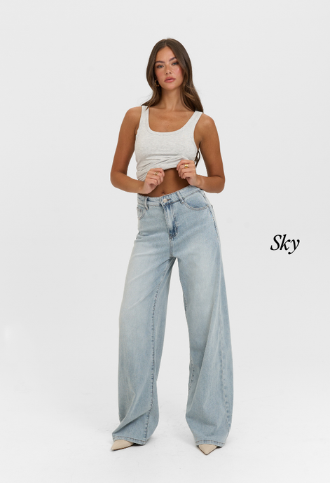 Wide leg stretch lightweight jeans sky
