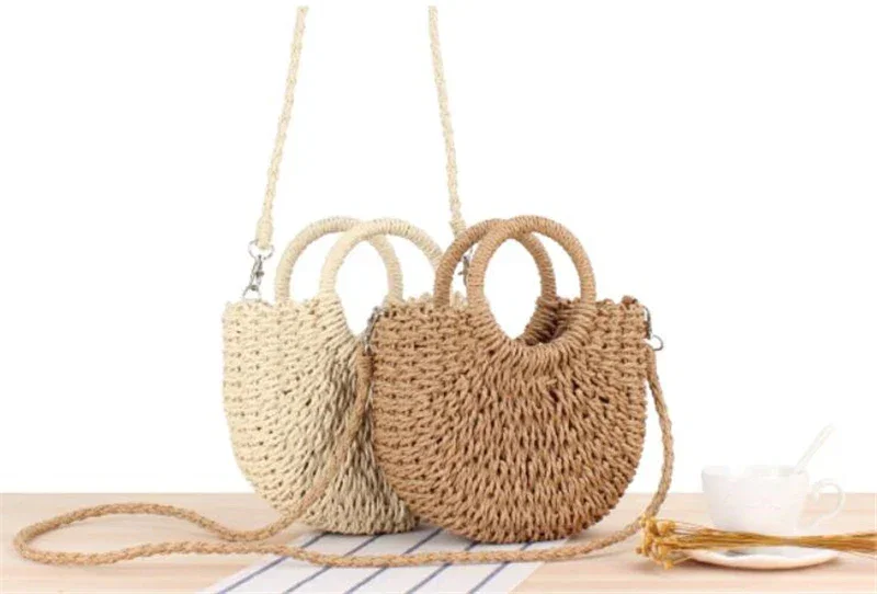 Image of Handmade Half-round Rattan Woven Straw Bag