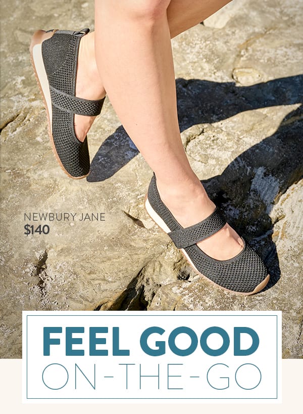 Feel Good On-the-Go. Newbury Jane $140 mary-jane sneaker in black knit.