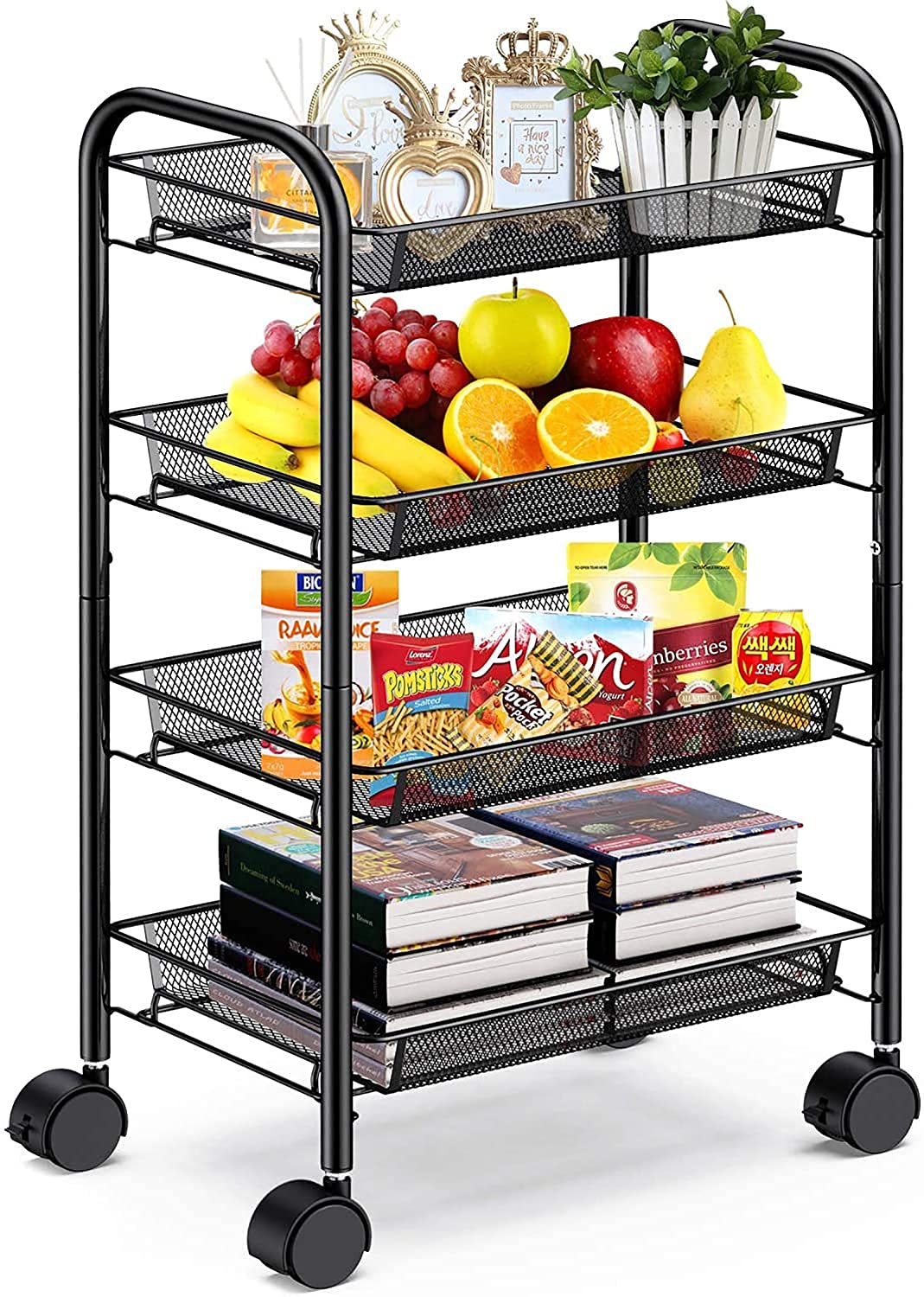Image of Simpli-Magic 4-Tier Rolling Cart with 4 Metal Baskets & 4 Wheels, 11" x 15.3" x 32" Storage Cart