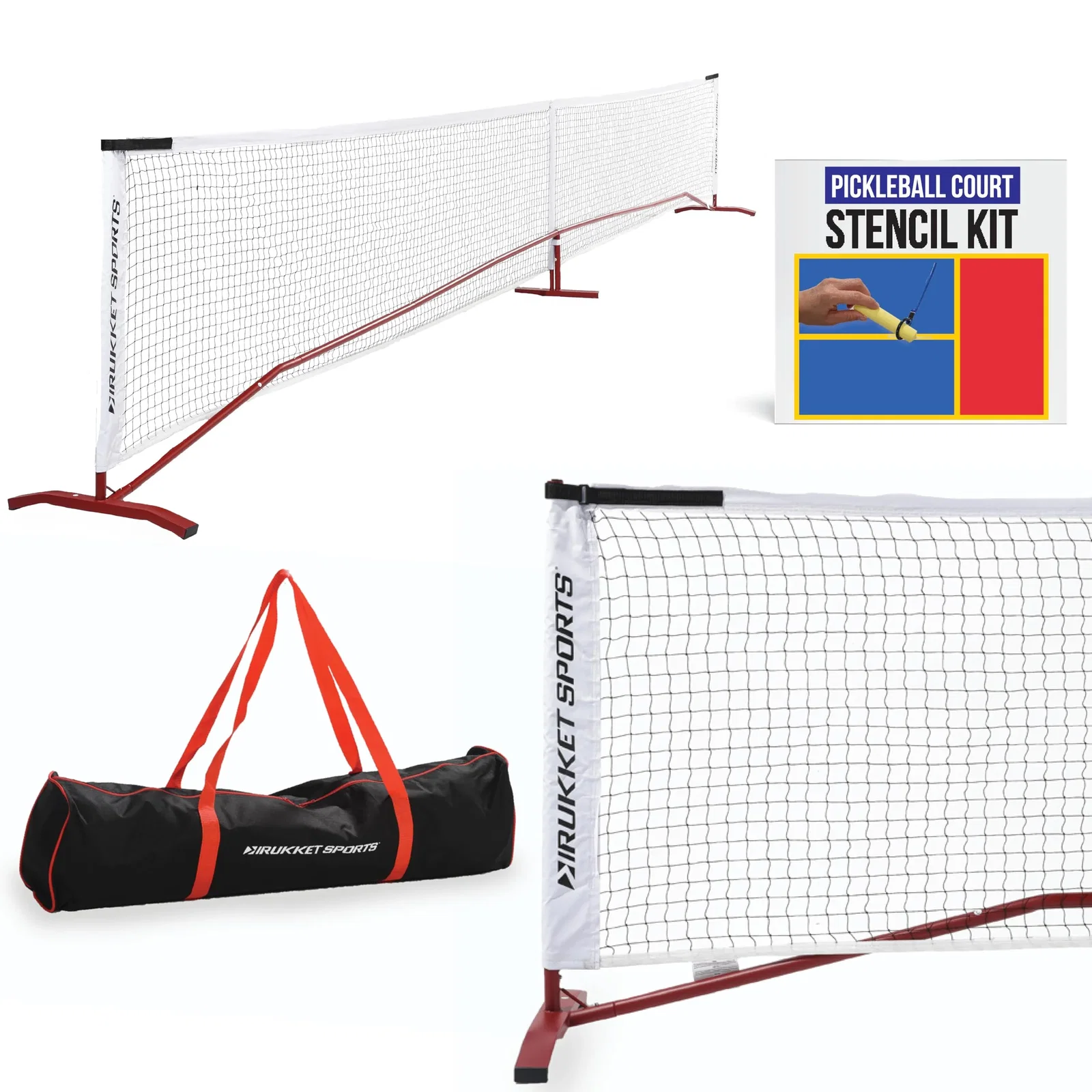 Image of Rukket Sports Portable Pickleball Net for Outdoor and Indoor Use, Regulation Size 22 Foot Net with Steel Frame, PE Netting, Carry Bag, and Court Marking Kit