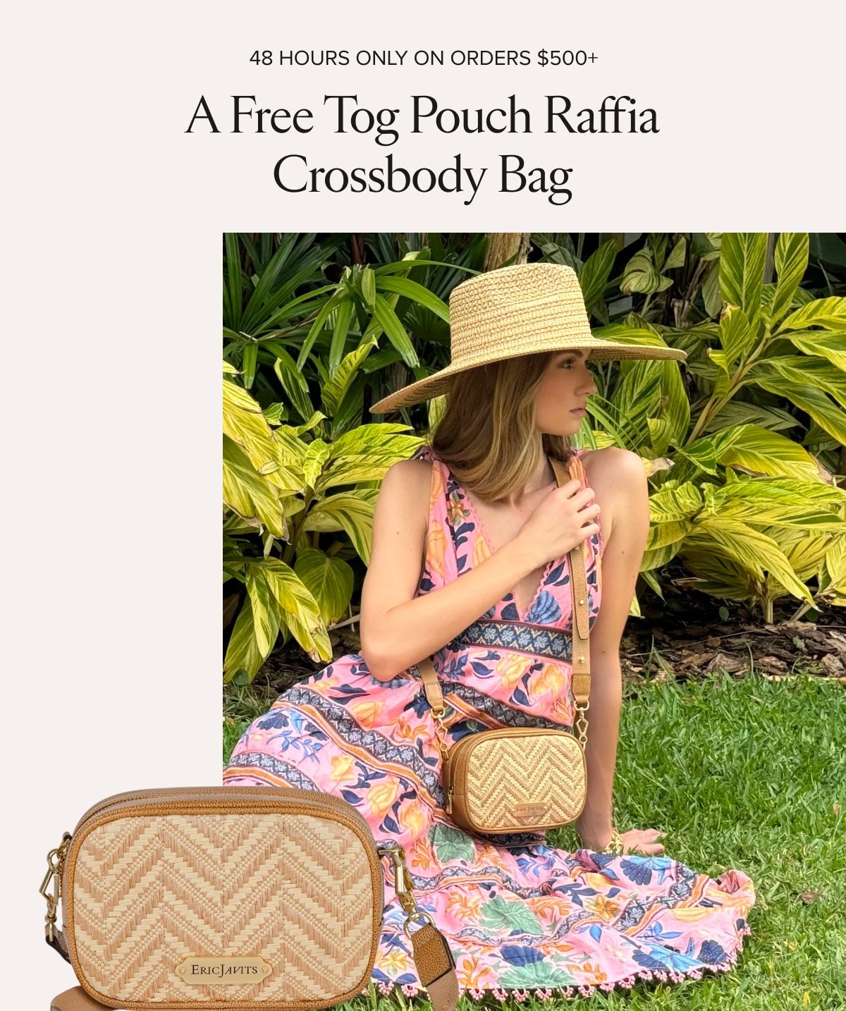 A woman in a floral dress and straw hat sits among green plants, with a crossbody bag nearby.