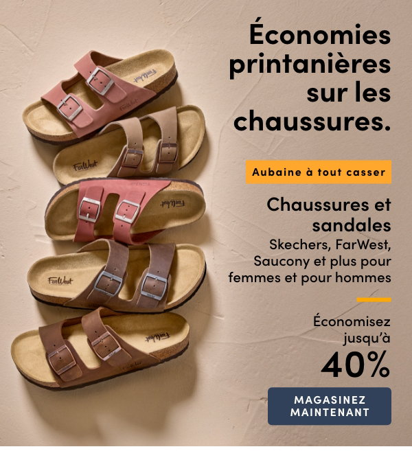 Aubaine à Tout Casser Chaussures et sandales Skechers, FarWest, Saucony et plus pour femmes et pour hommes économisez jusqu'à 40%