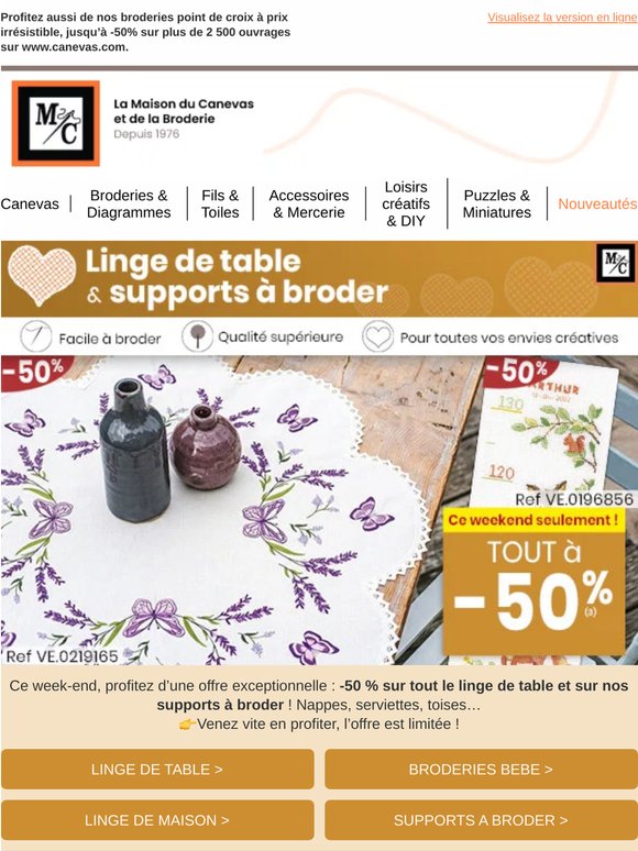 Ce week-end seulement : linge de table & supports à broder à -50%! 🧡