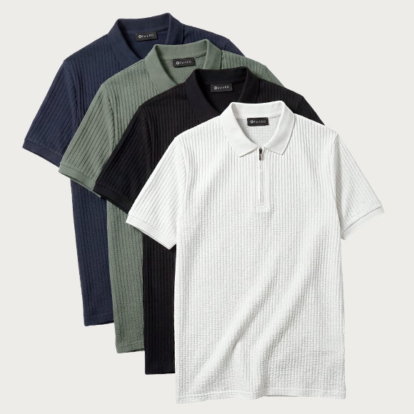 Poloshirt, Weiß, Schwarz, Grün, Dunkelblau, geripptes Muster, Vorderansicht