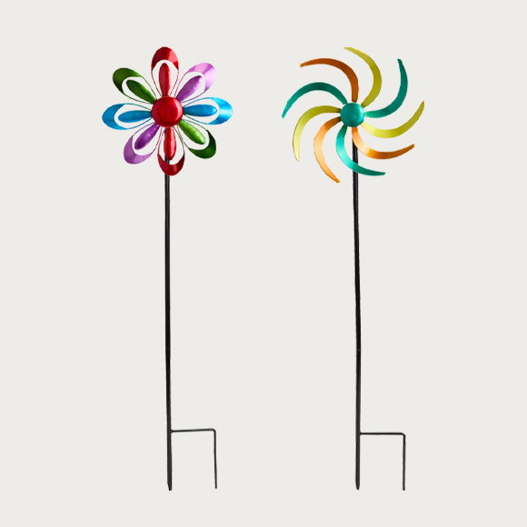 Windrad 2er-Pack, mehrfarbig, Blumen- und Spiralmuster, Produktansicht, Vorderansicht