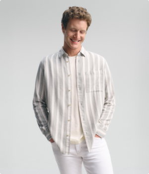 Mann trägt TOM TAILOR Langarmhemd mit Brust Tasche in gree white big stripe 