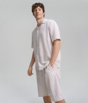 Mann trägt TOM TAILOR Denim Sommershorts im Streifen-Look in muted grey stripe 