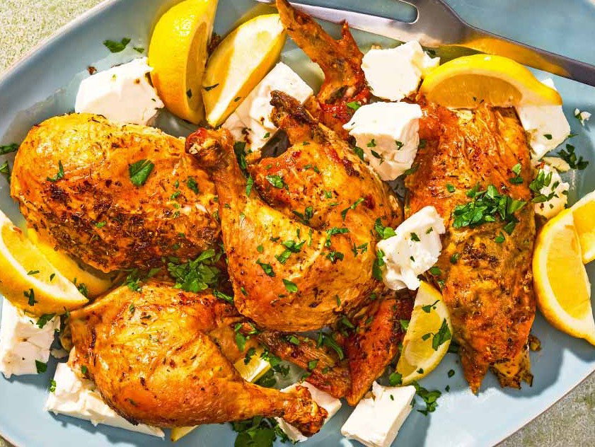 Feta brined chicken on a platter with feta cheese, lemon wedges and a serving fork.