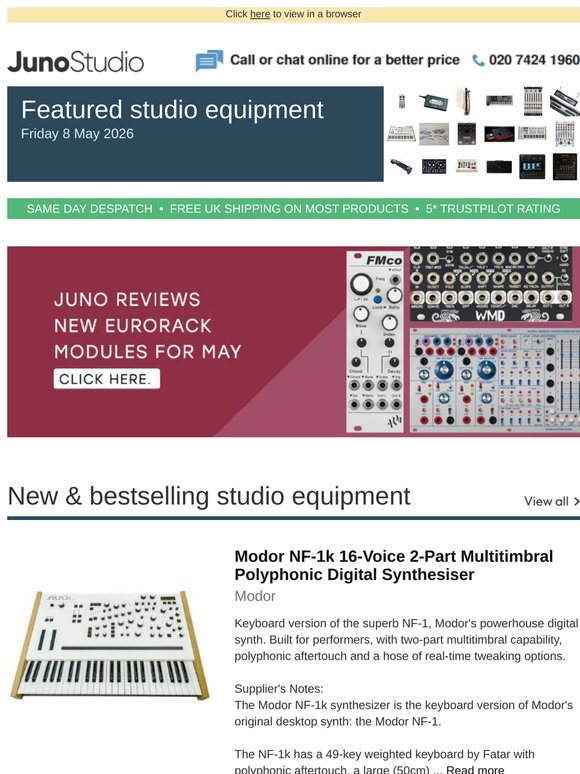 Juno reviews new Eurorack modules for May + Modor NF-1k Synthesiser now in stock & more studio equipment news...