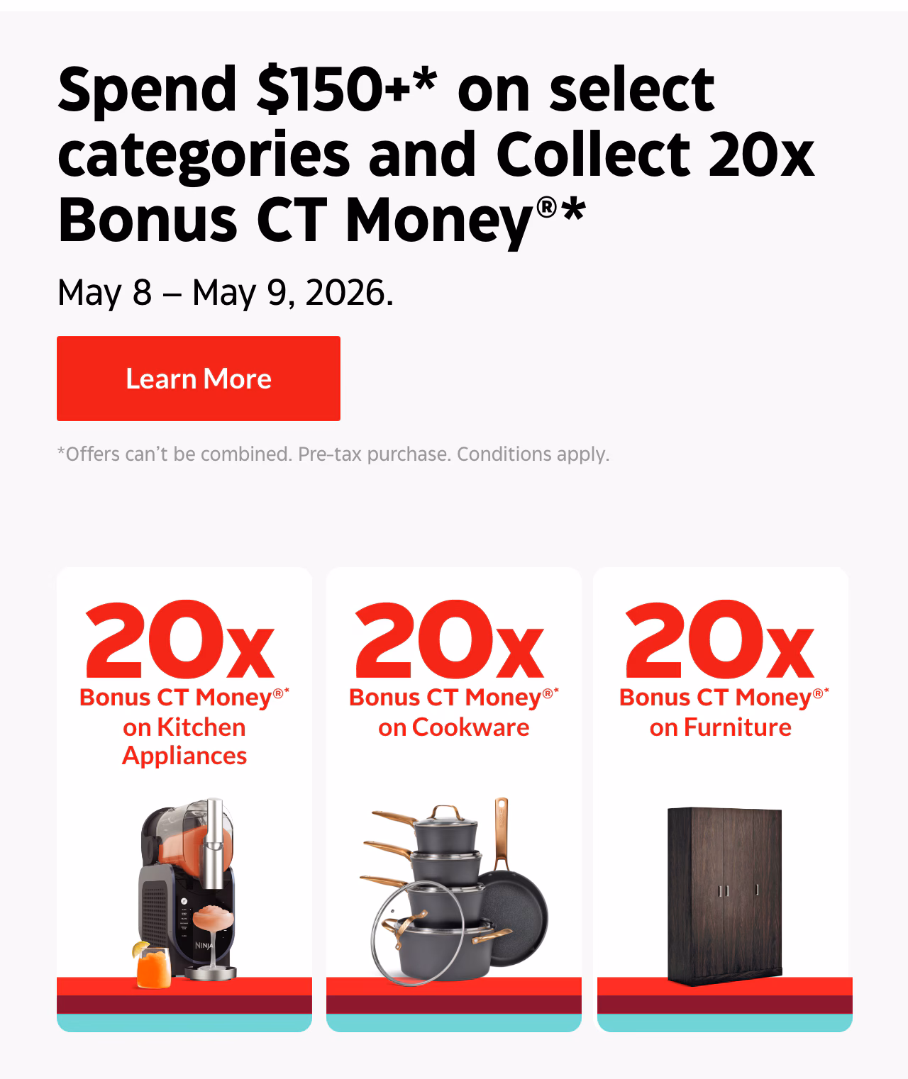 Spend $150+* on select categories and Collect 20x Bonus CT Money®* 