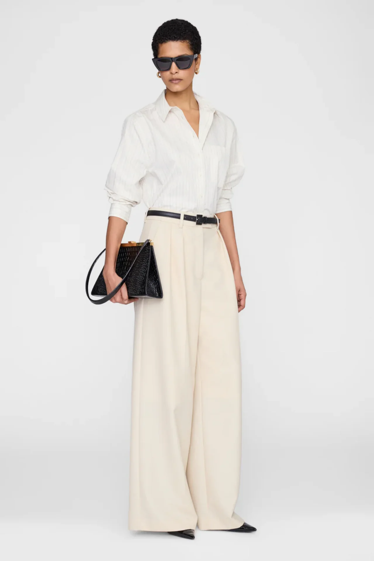 Image of Anine Bing Essie Cropped Shirt Cream Pinstripe