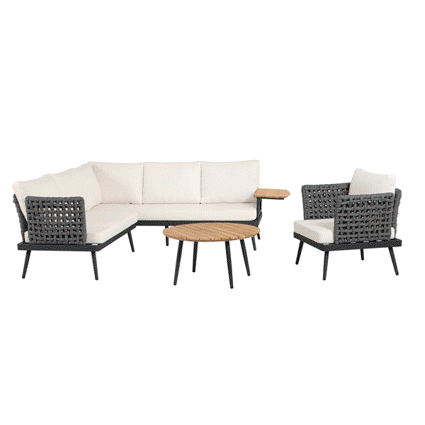 13tlg. Gartenmöbel Lounge-Set mit Sofa & Coffee Table aus Rope - Grau mit Teakholz