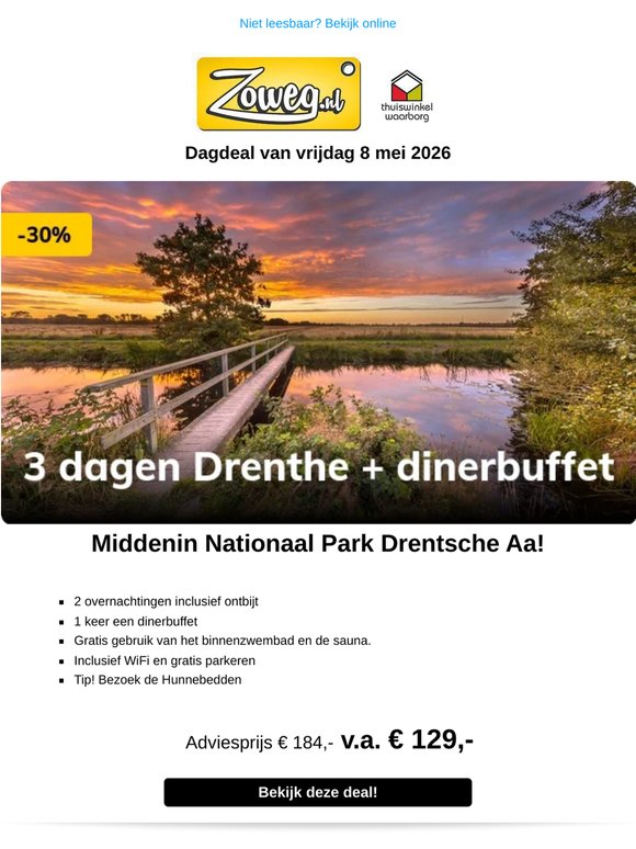 3 dagen Drenthe + dinerbuffet v.a. 129,-