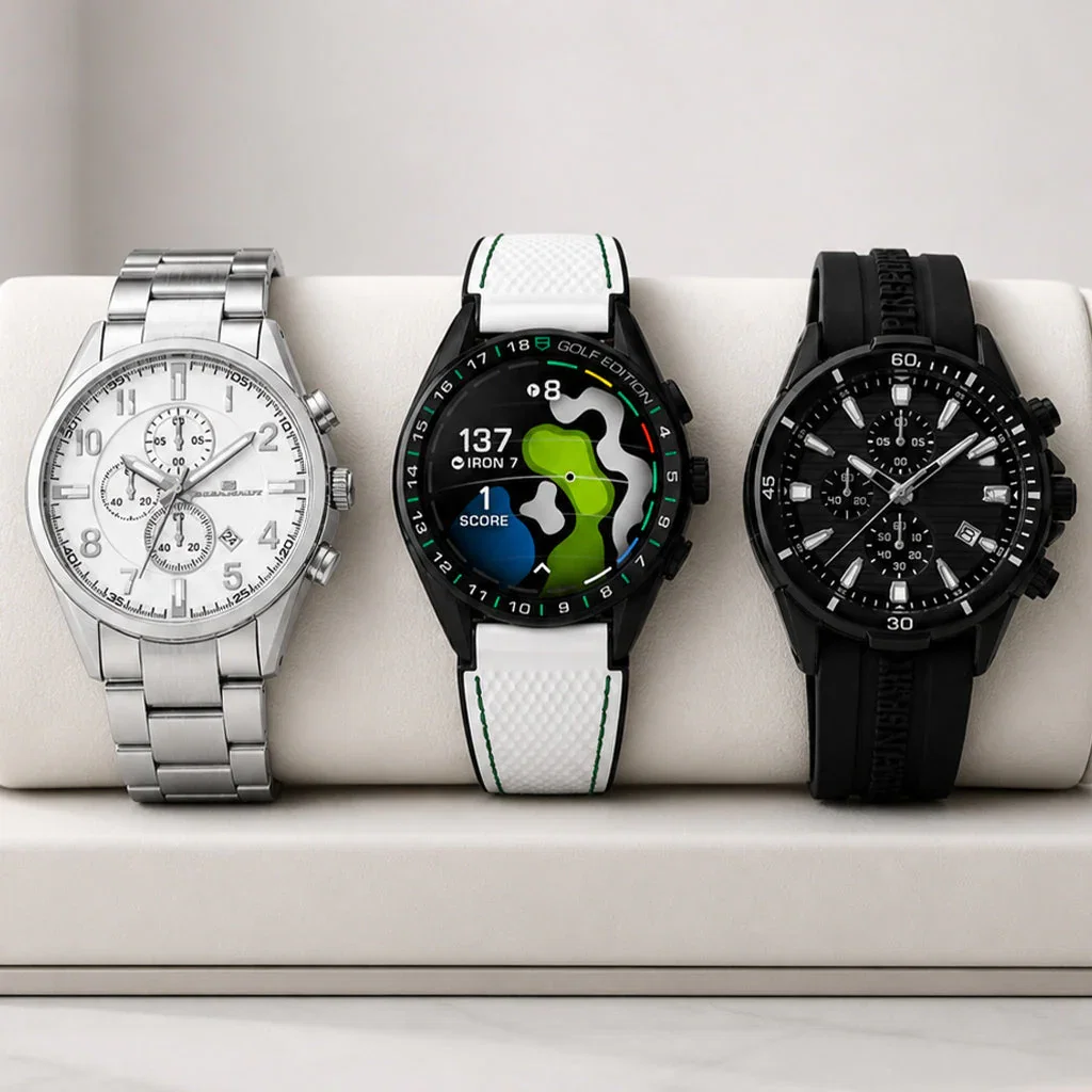 Three men's watches displayed on a white stand: silver chronograph, golf-themed smartwatch with white band, and black sports chronograph.