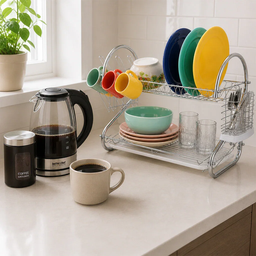 Better Chef kitchen collection featuring a coffee maker, dish rack with colorful plates and bowls, and coffee accessories on a countertop.