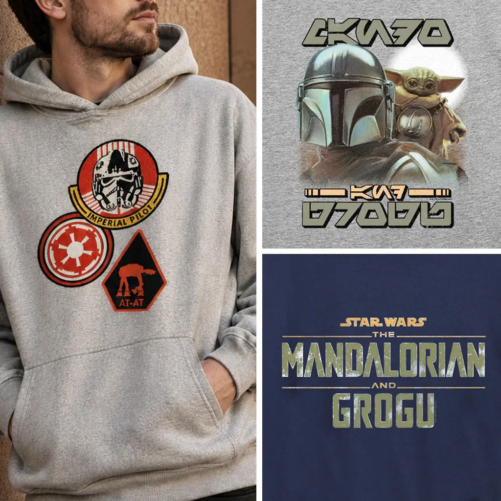 Star Wars Mando & Grogu collection featuring themed hoodies with imperial pilot badges and character graphics.