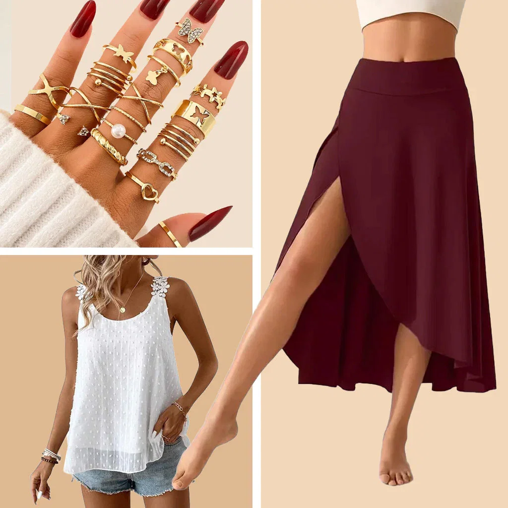 Women's TikTok Finds: gold rings, burgundy skirt, white tank top, and matching jewelry and nail polish collection.