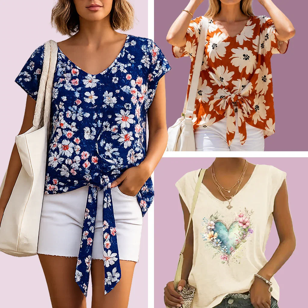 Three women modeling floral print shirts in navy, rust, and cream colors with coordinating bottoms and accessories against a purple background.