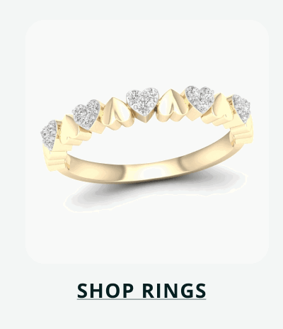 Gold band with row of alternating gold hearts & diamond-encrusted hearts. Click here to shop rings