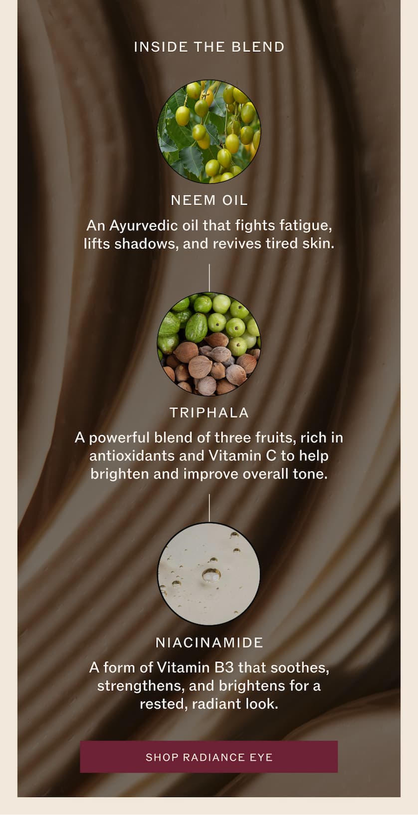 Inside the blend: Neem oil, Triphala, Niacinamide
