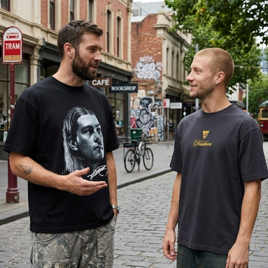 Two men chatting in the street wearing our latest Vintage Tees
