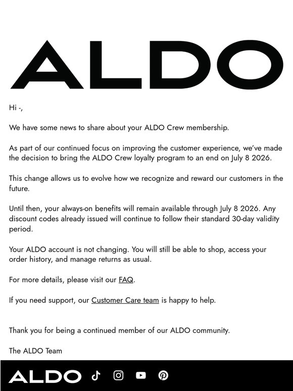 An update about your ALDO Crew membership