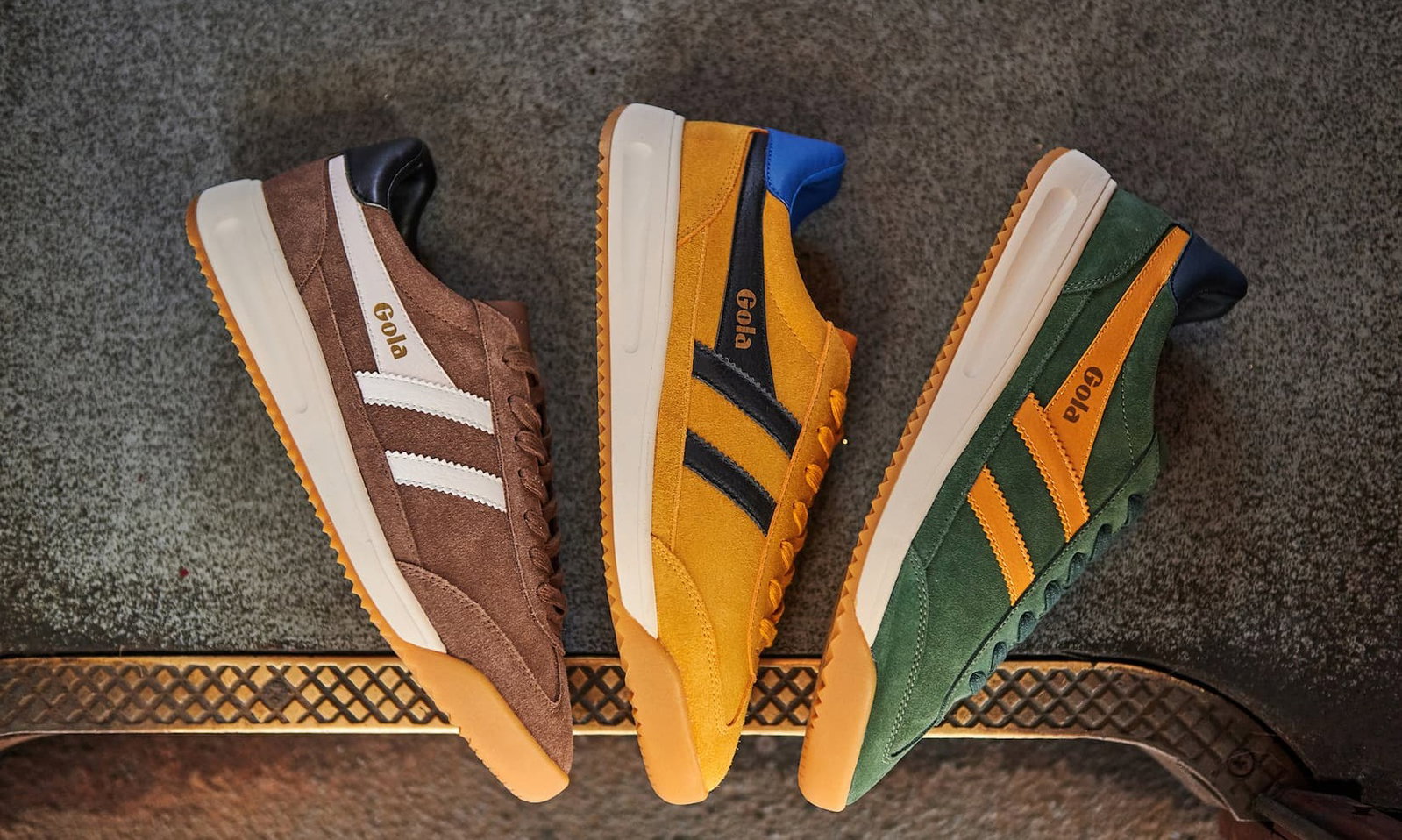 A trio of multi-coloured Gola men's Tornado '88 sneakers