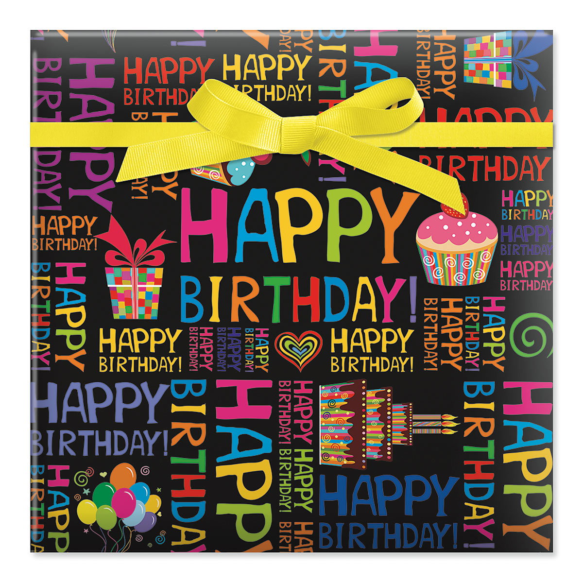 Image of Happy Words on Black Jumbo Rolled Gift Wrap