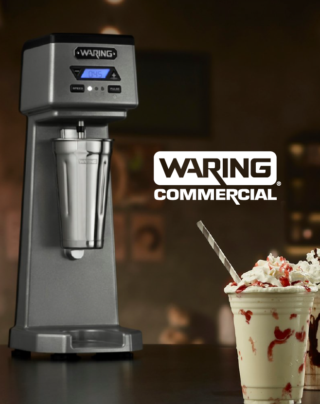Waring Commercial spindle mixer with stainless steel mixing cup displayed next to a finished milkshake topped with whipped cream.