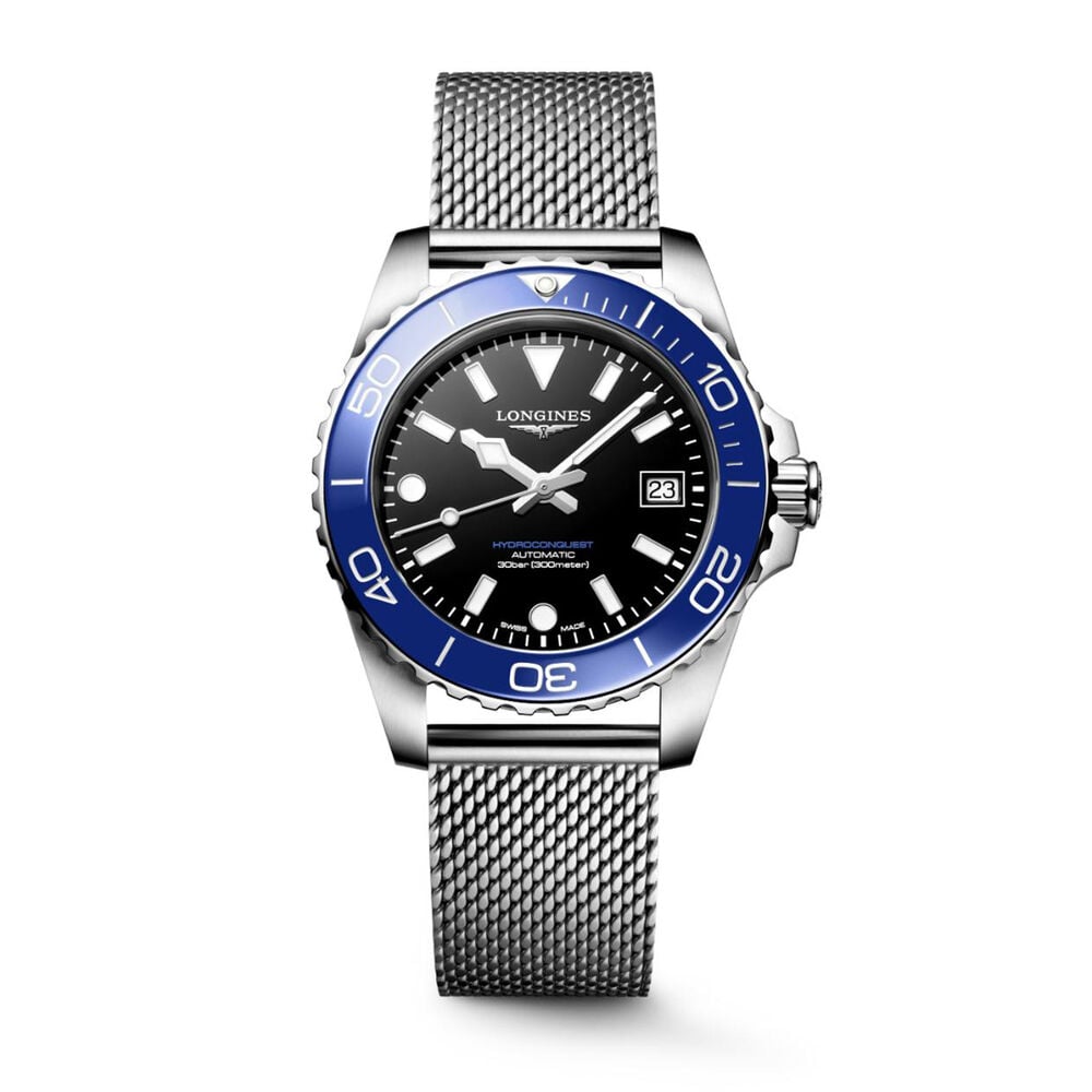 Longines HydroConquest 39mm Black Dial Blue Bezel Steel Mesh Bracelet Watch
