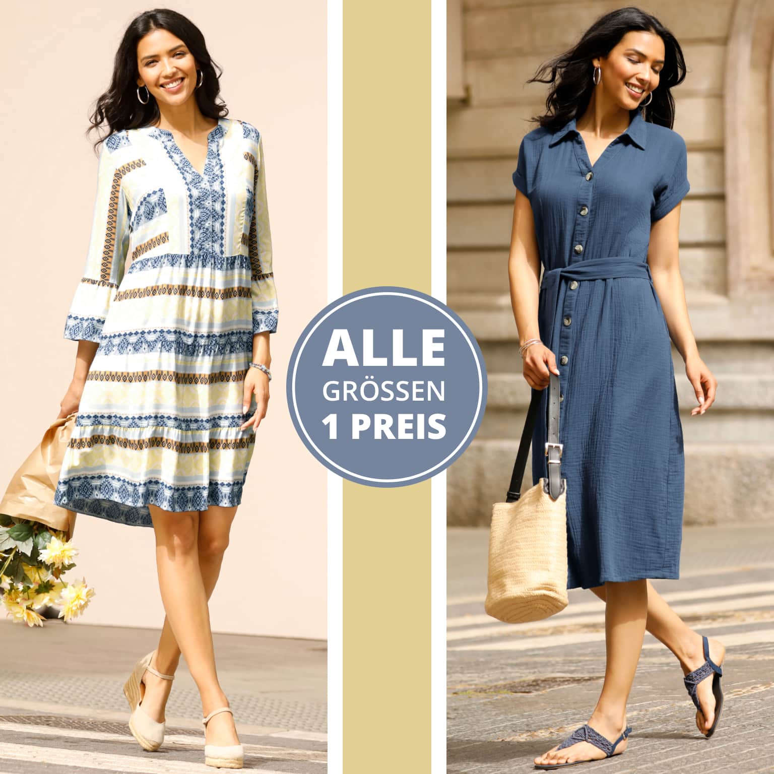 Links trägt ein Model ein weißes Kleid mit blauen und gelben Mustern, rechts ein Model ein blaues, knielanges Hemdkleid mit Gürtel und Sandalen. Kleider. Alle Größen ein Preis. Bild oder Schaltfläche darunter anklicken, um in den Shop zu gelangen >