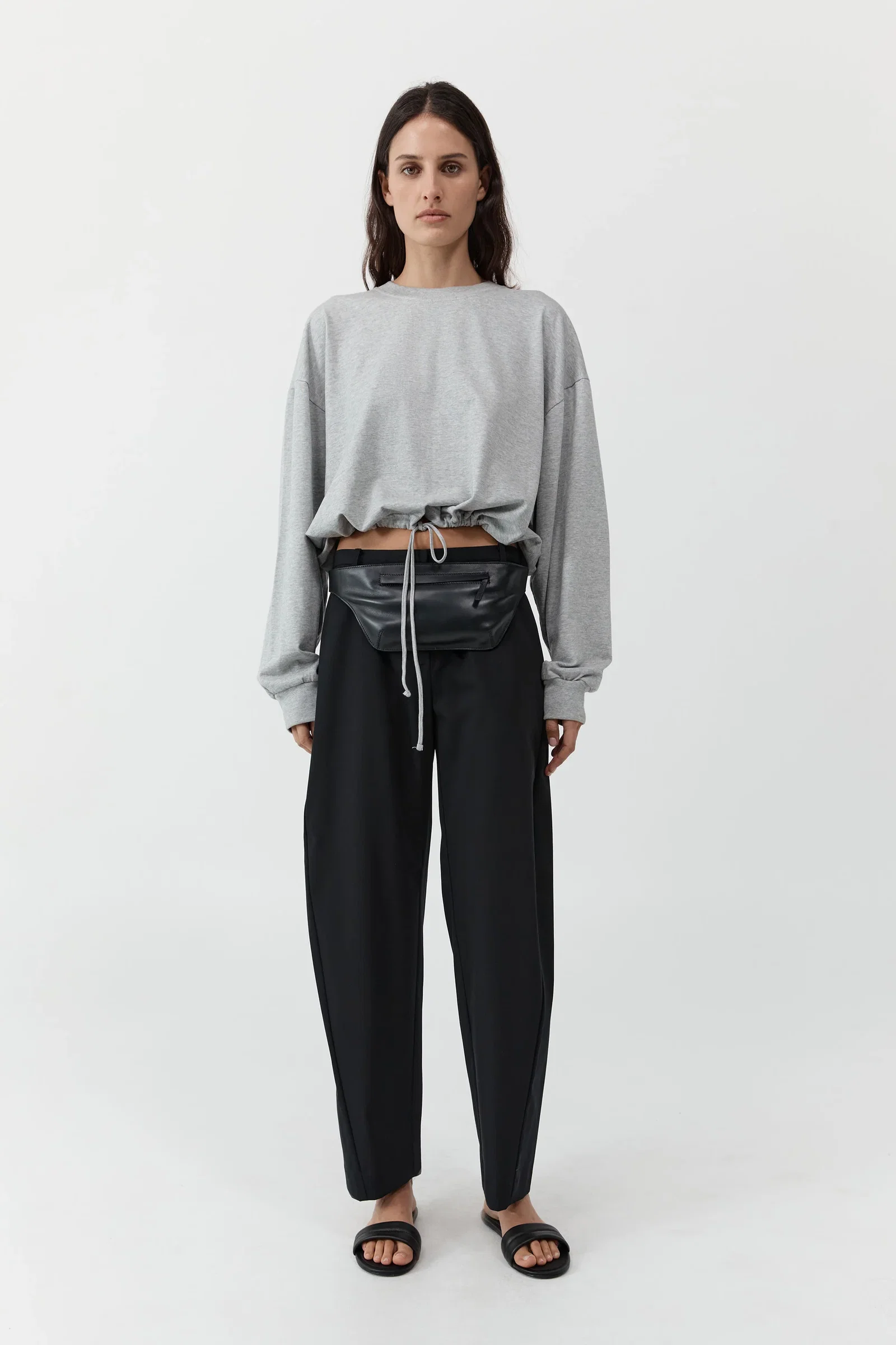 Image of Drawstring Long Sleeve Top - Light Grey Marle
