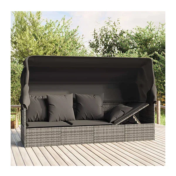 Outdoor Lounge Bed With Roof And Cushions Grey Poly Rattan