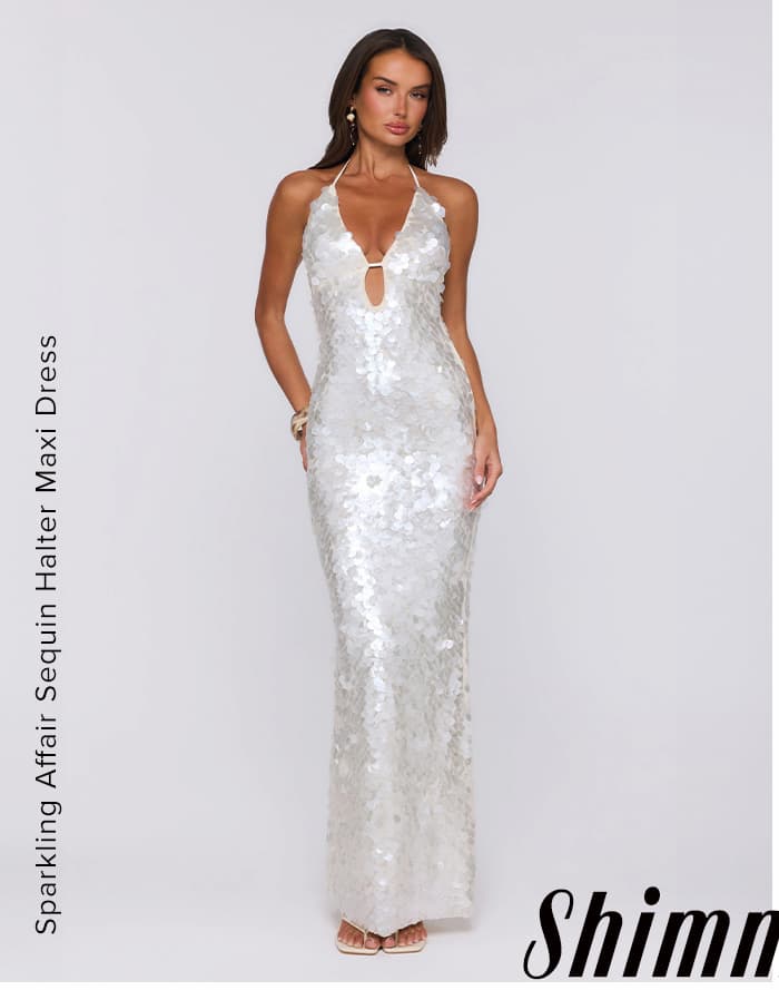 Sparkling Affair Sequin Halter Maxi Dress Ecru White